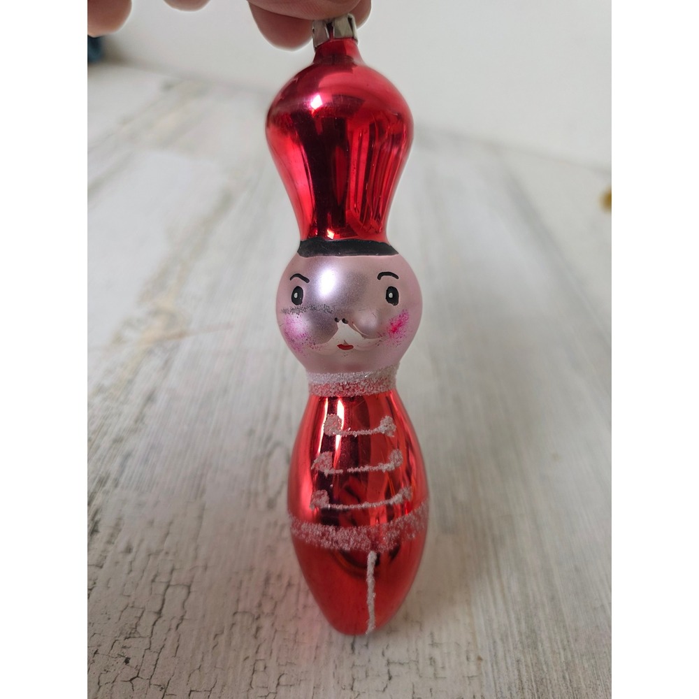 Vintage glass soldier Mica ornament Xmas red pink tree